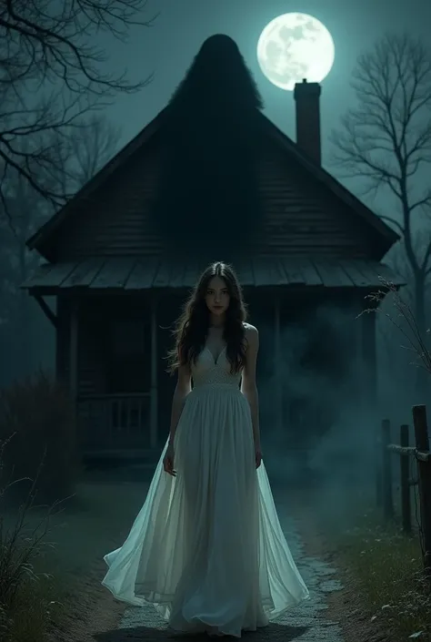 Horror background,night,smoking,moonlinght,old house,beautiful girl wearing white, smiling, walking,
black shadow behind