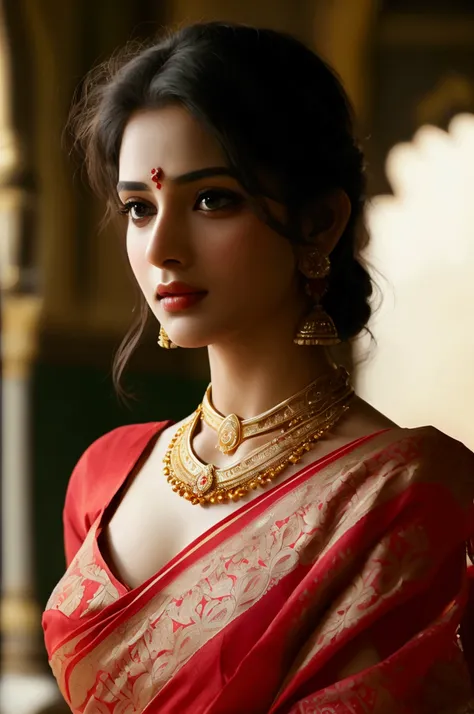 a gorgeous woman wearing a beautiful red saree, intricate saree patterns, ornate jewelry, flawless skin, big expressive eyes, long eyelashes, defined facial features, elegant pose, golden light, soft focus, photorealistic, 8k, high quality, detailed, hyper...