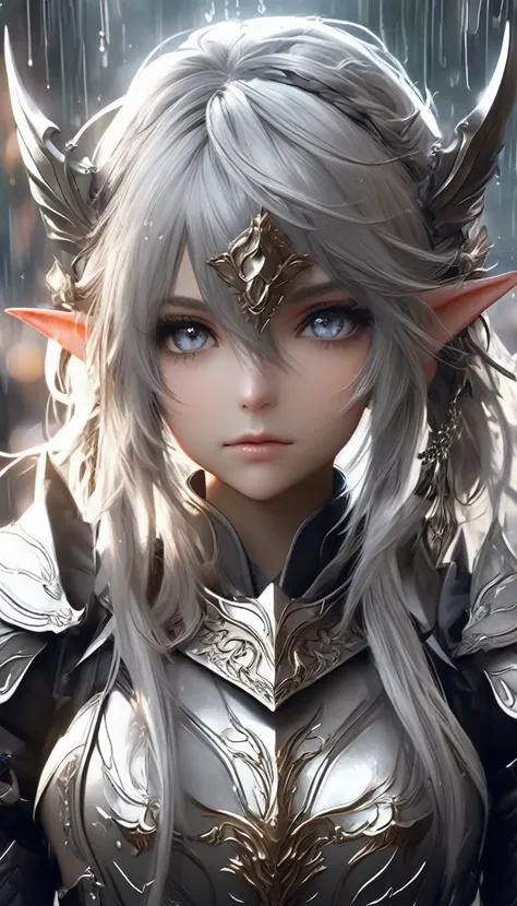 1girl, rain, armor, solo, pointy_ears, shoulder_armor, elf, long_hair, pauldrons, breastplate, looking_at_viewer, grey_eyes, weapon, white_hair, gauntlets, braid, holding, hair_between_eyes, jewelry, earrings, plate_armor, cowboy_shot, avatar_(ff14), holdi...