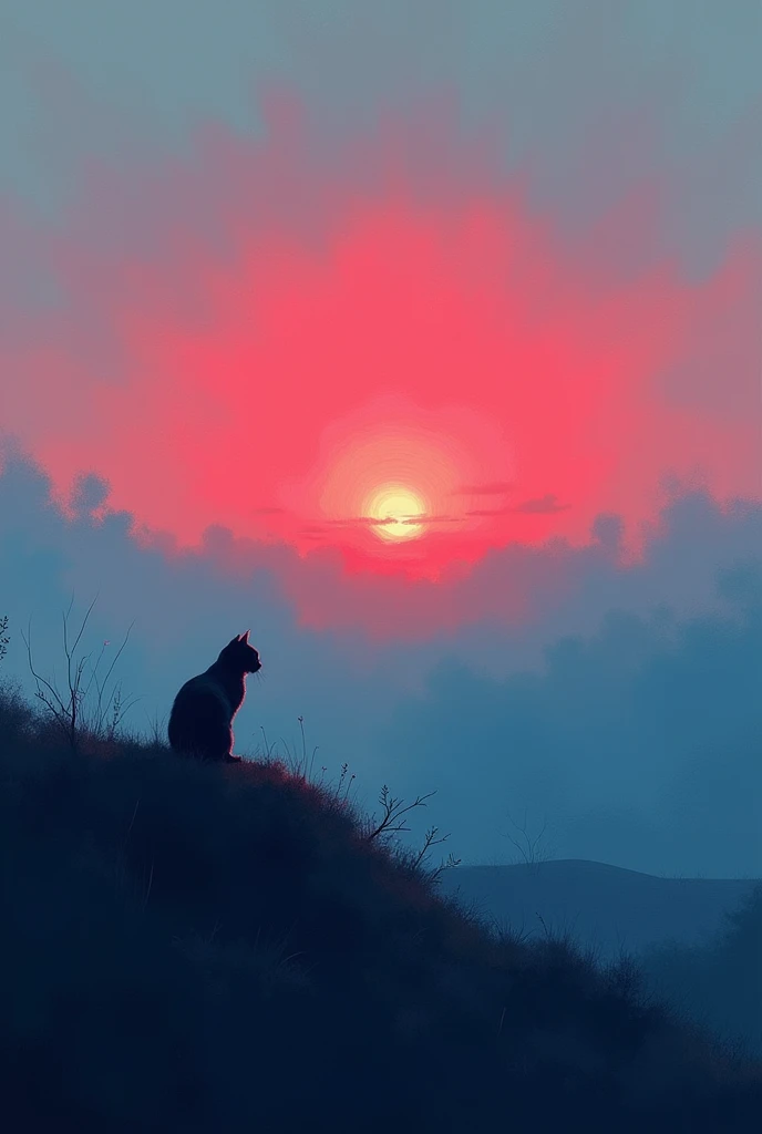 Abstract landscape depicting a lonely and distant cat at the end of the sunset using only cyan and carmine colors