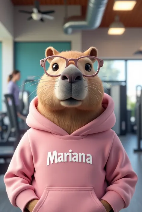 Capybara with transparent glasses, pink sweatshirt named Mariana in a gym