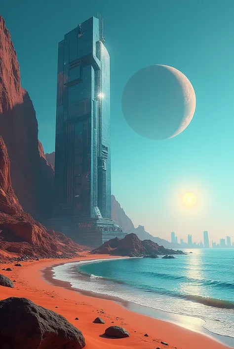 Terraformed Mars with a blue sky, with realistic-sized sun seen from Mars, half the size of the sun as seen from earth, the realistic sized moon phobos and deimos in the sky, a glass colony with a futuristic city and a beach with waves near the colony 