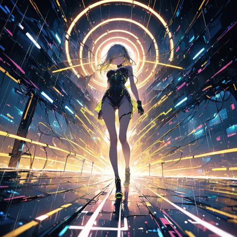 ((best quality, masterpiece, absurbres, super-resolution)), light wave, cyber yellow neon light, dynamic angle, open legs, circuits, wires, full body, detail light and shadows, rain, detail face