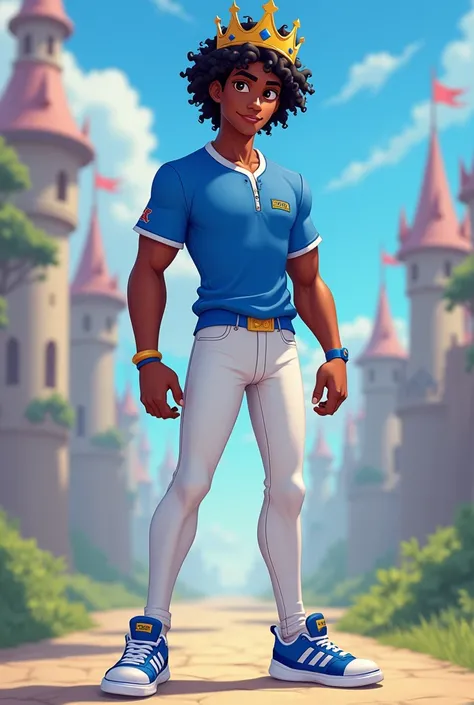 Image tip disney prince thin curly hair tall dark skin color blue shirt white pants blue and white tennis shoes with a blue and white crown in a kingdom age 19 team prince label