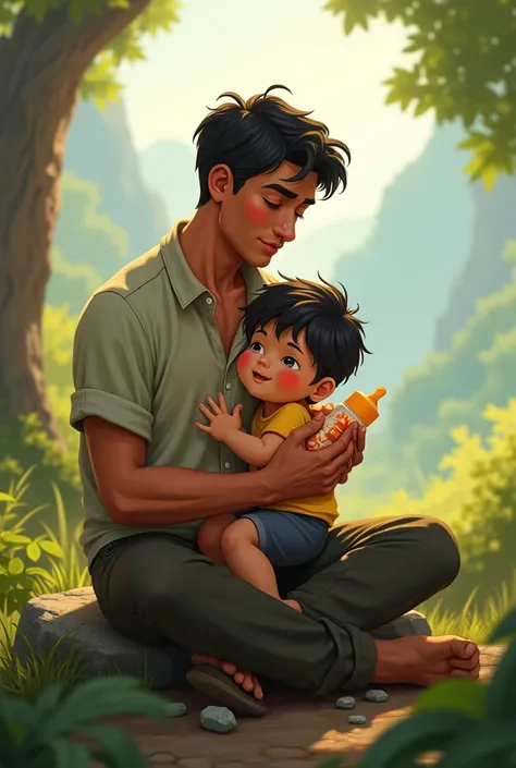 Rohan sitting on a rock, feeding Miko with a bottle, with a gentle expression, while Miko clings to his shirt.