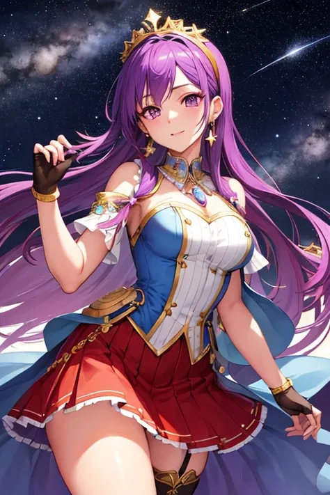 (masterpiece), (Best Quality), (Very detailed), Intricate details, Beautiful face and eyes in every detail, Athena Asamiya,1 girl, Alone, Purple eyes, Purple Hair, Long Hair, White Earrings, Red Hairband, Star hair ornament,fingerless gloves, gloves,pantyh...