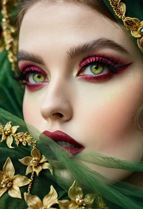 A fascinating close-up portrait of a stunning womans eye, set against a lush tapestry of floral moss green tulle fabric in gold thread, intricately woven with delicate, wilted flowers. Her green iris glows with unearthly intensity, surrounded by a canvas o...