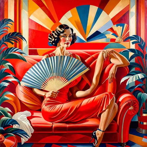 painting of a woman sitting on a red couch with a fan, art deco painting, art deco era), art deco portrait, georgy kurasov, cine...