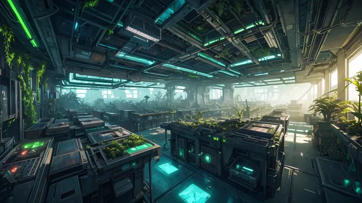 a decrepit futuristic laboratory,overgrown with plants,neon lights,colorful lighting,night scene,high angle view,detailed sci-fi architecture,glowing consoles,cracked floors,moss and vines,machinery and equipment,dramatic shadows,moody atmosphere,cinematic...