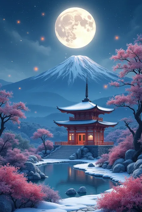 Ancient Chinese scenery, ((hot spring)), (heavy snow), (firefly), (paper kite), (midnight), (moon), shrine on the top of the mountain, ((flower)), beautiful scenery, realistic lighting, masterpiece, High quality, beautiful graphics, high details,