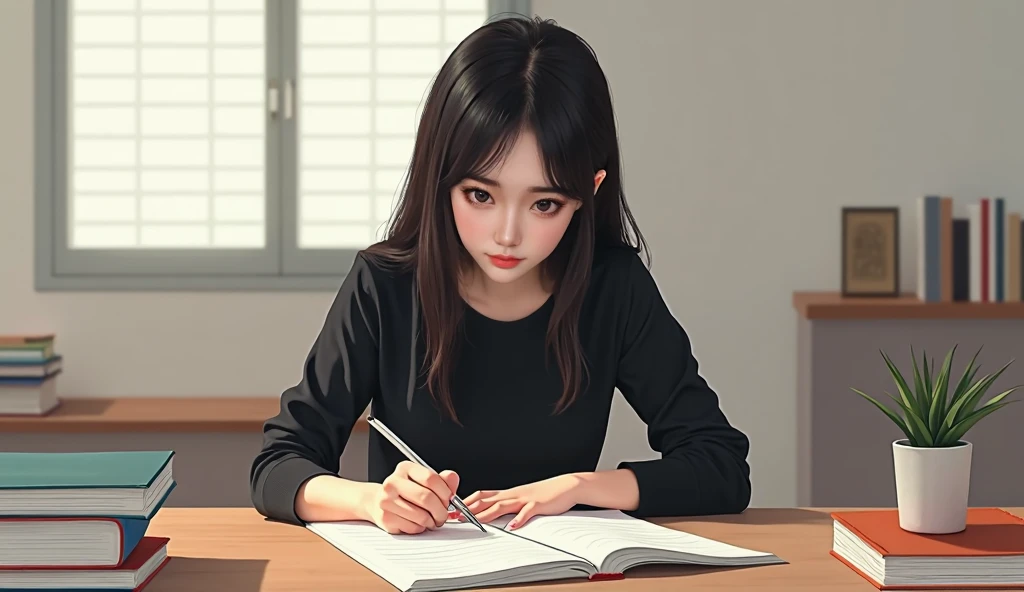 Korean 1 girl wearing black top studying on a table and working on her table