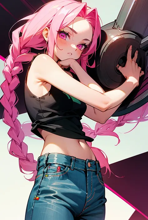 20 years old girl with green with pink  long hair with a twin braids, warm skin, pink eyes, wears a cool shirt over a black tank top and baggy jeans.