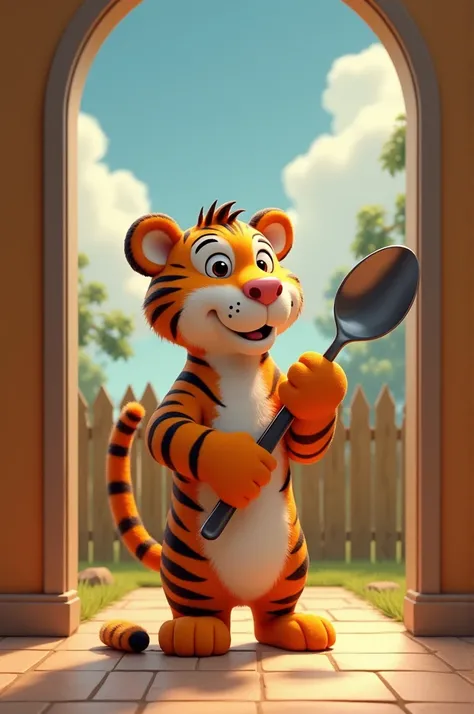 Pixar-type image of a tiger with a spoon and a partition and a fence behind him 
