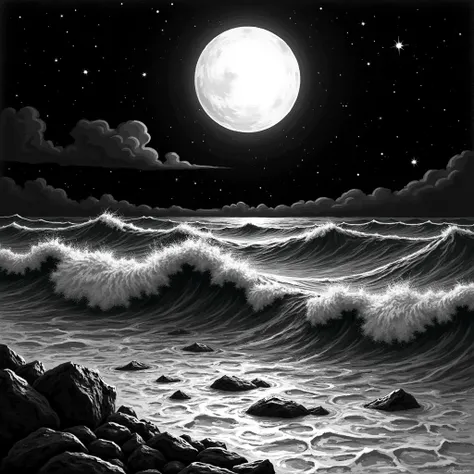 Catalina Estrada inspired colouring page without any colours of a stormy sea under a full moon with a starry sky