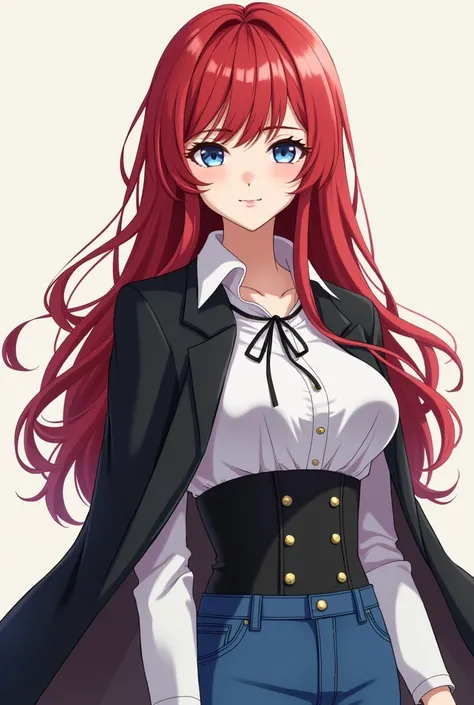 Create these following characters in anime version: Rias is a beautiful young woman with white skin., blue eyes, her long crimson hair and is tall and wears jeans with a white long sleeved button down shirt with a black ribbon at the collar of the shirt un...