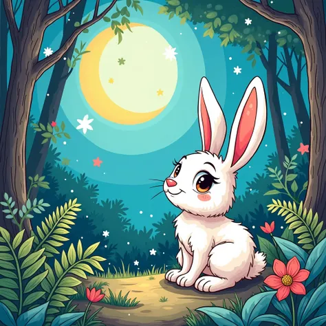 A rabbit who lived in the forest and looked at the moon, animated coloring page