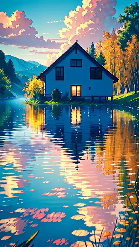 "A tranquil lakeside cottage, with a clear blue sky and soft clouds reflecting in the calm water. The vibrant, warm colors create a peaceful and inviting atmosphere, perfect for a serene escape."