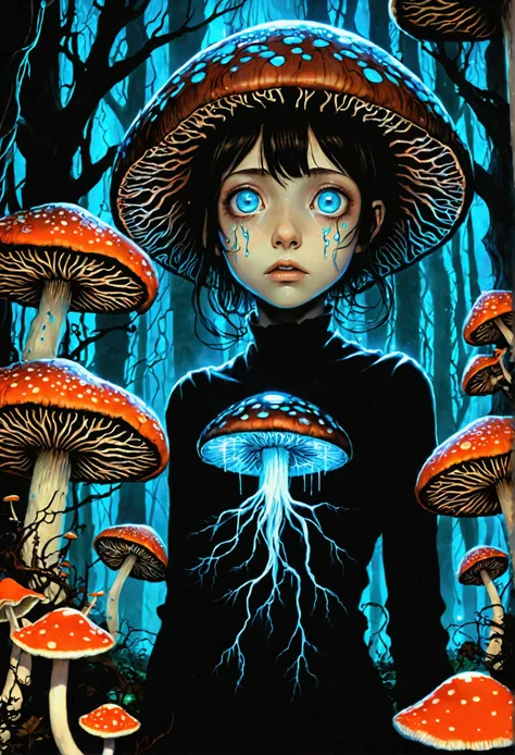 [by Junji Ito], dark horrorscape, [detailed shadows], [veins], (bioluminescent mushroom forest), 1girl, gigantic cosmic eyes, streaming tears, spiraling fungus, HDR