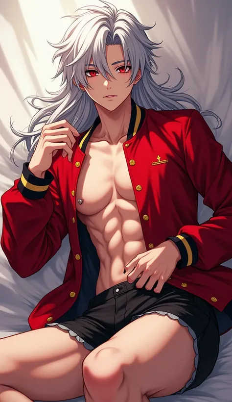 Anime boy with red eyes and long dark white hair and a red college jacket, gold and black that is with uncovered clothes +18 showing legs 