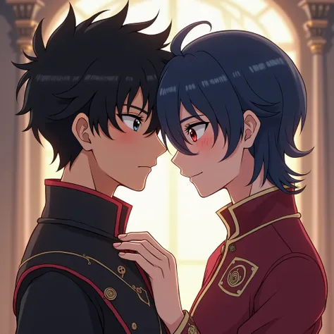 An anime style omega and alpha, that both are humans and gay boys A prince and a servant, a black-haired man with black eyes, This one looks tougher. The other one is dark blue-haired with red eyes., that is tender ONLY THE BLUE HAIRED ONE BOTH BOYS One ta...