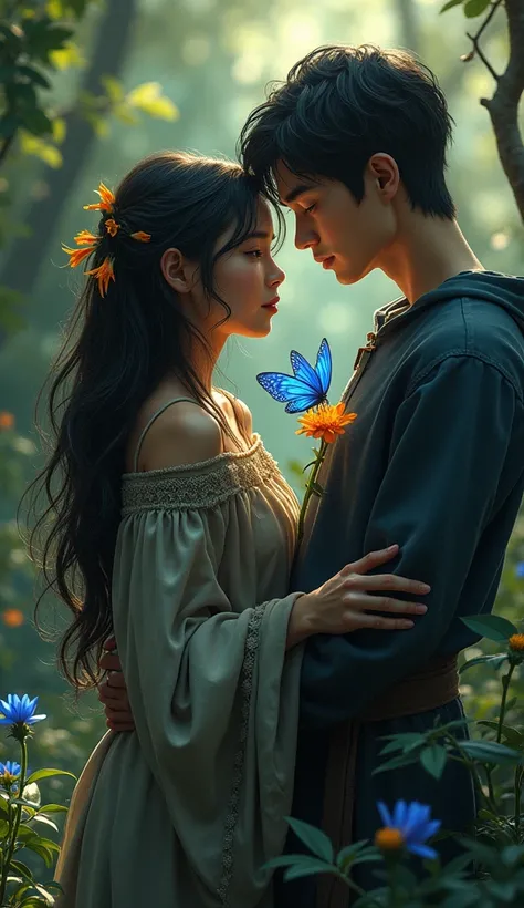 A witch girl with dark hair and blue eyes and a young guy with dark hair and blue eyes are lovingly looking at a blue butterfly on a flower realistic 