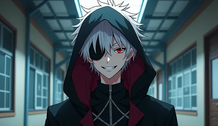 This is an image of a male anime character. A young man with white hair and a black mask with a scary smile, looking at the viewer, with a black hooded coat, eye pupil black left bright red, right eye is wearing a black eye patch. The mood is powerful with...