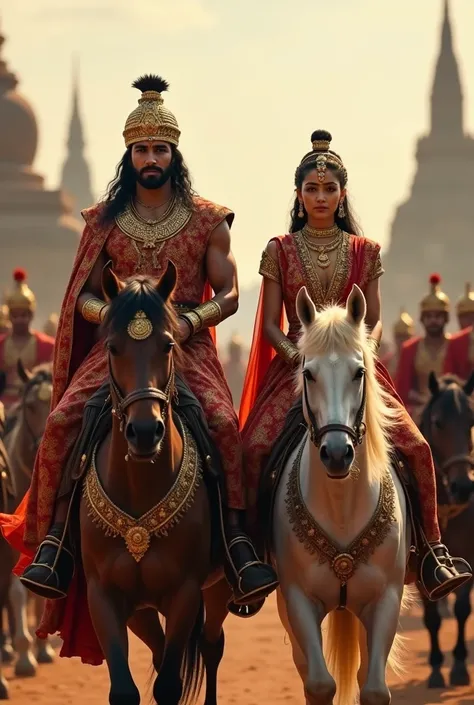 King and queen ridind horses ,wearing india ancient dress,background bagan ancient city,around soldiers