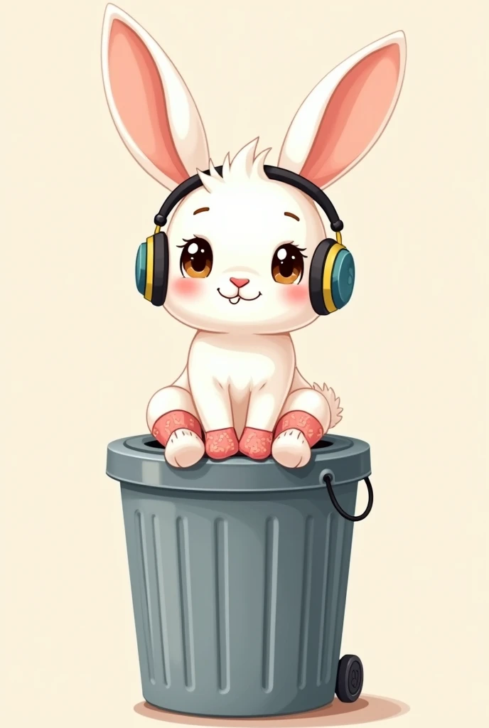 Make a white bunny kid with headphones and socks sitting on a trash can 2D cartoon style