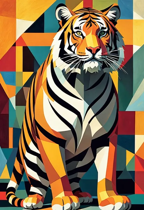 "Visualize a cubist interpretation of a tiger&#39;head, Front view,  Floating through the sky above a lively and dynamic street. Decompose the shape of the deer head into geometric shapes and fragmented planes, To capture its movement and energy in a uniqu...