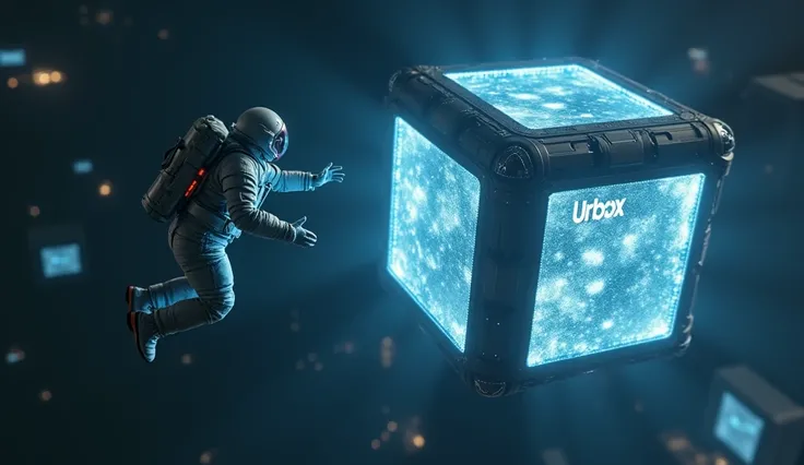 action side shot camera, far shot Image of an Asian man in astronaut costume and glasses are flying to the cube giant "URBOX" futuristic space station floating in the space. the beam lighting are shining to the astronaut. Lighting: Dark, light blue light f...