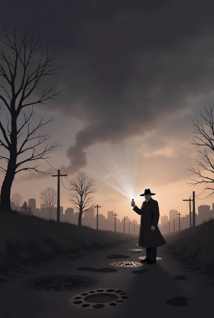 A detective in a long dark coat and hat, holding a flashlight that illuminates a set of muddy footprints on the ground. He is standing in a shadowy forest or alley, surrounded by towering trees or buildings. The atmosphere is tense and dark, with an incomi...