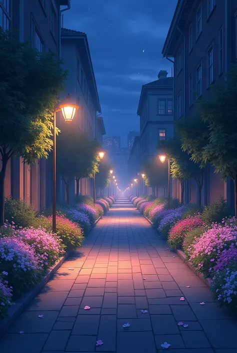 Empty street at night, with flowers on both sides