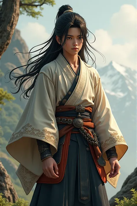 Boy with long hair,samurai style clothing,