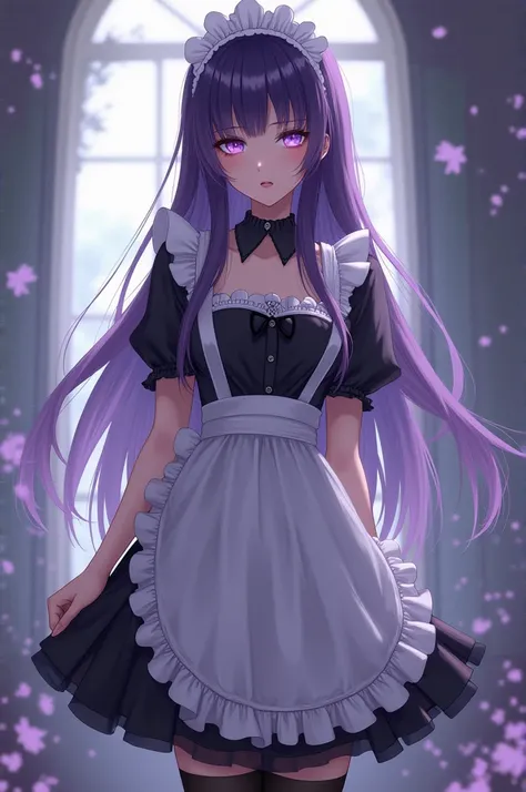 A girl with long dark purple hair and light purple eyes wearing a maid outfit