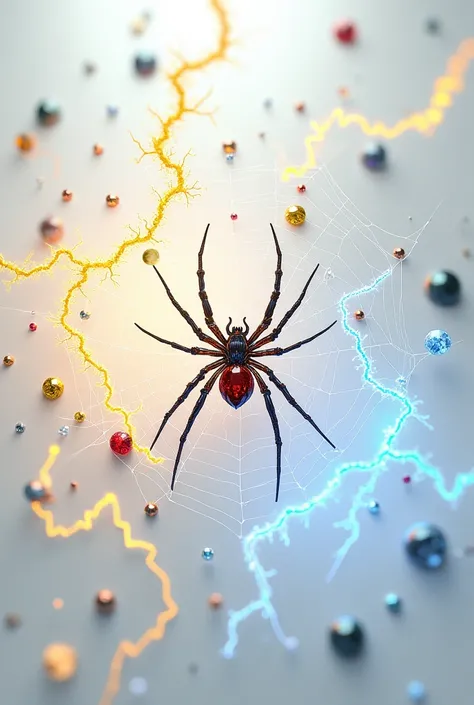 White background with spiderweb surrounded by electricity and red yellow blue gems. Yellow and blue electricity entangled in the web