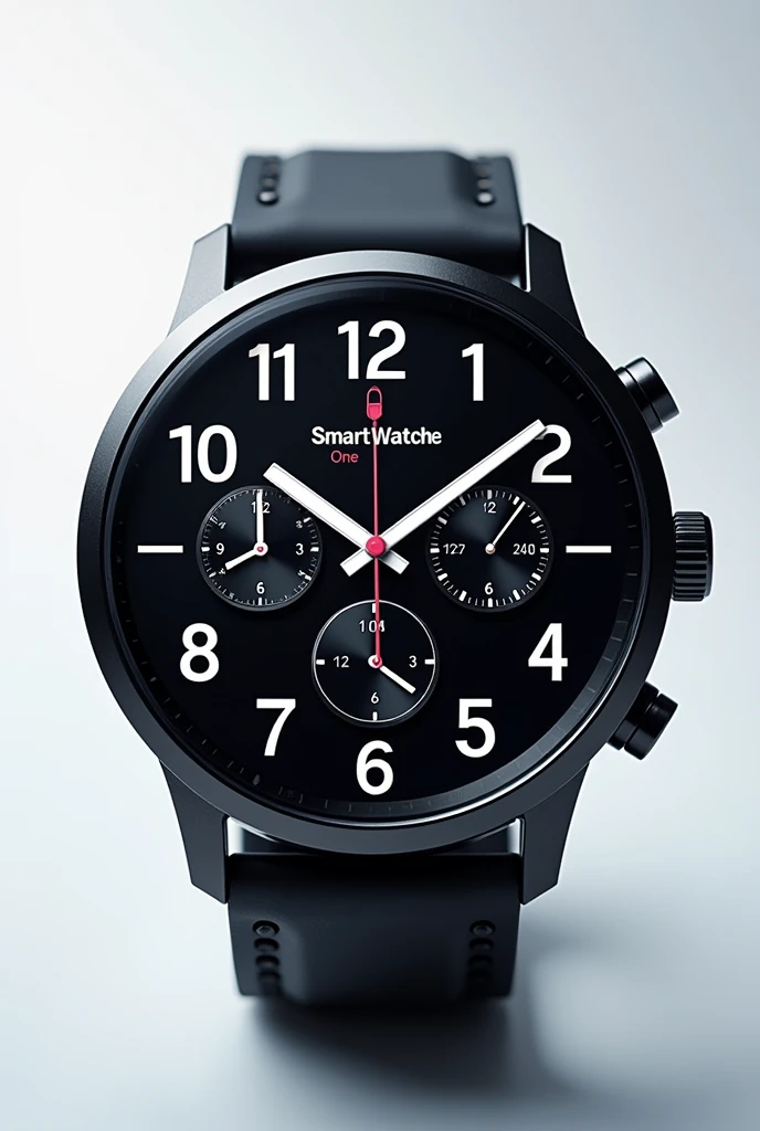 An image of a smart watch called smartwatch one, where the clock looks striking, Keep the name big and very visual for handing out flyers, all in english