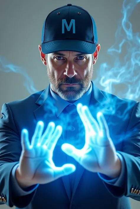 Create an image of a 30 year old white man with a short beard wearing a blue cap with the letter m in a suit with blue rays coming out of his body making the letter m with his fingers