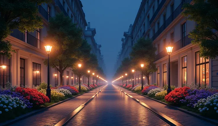 Realistic image of a street at night with flowers on both sides