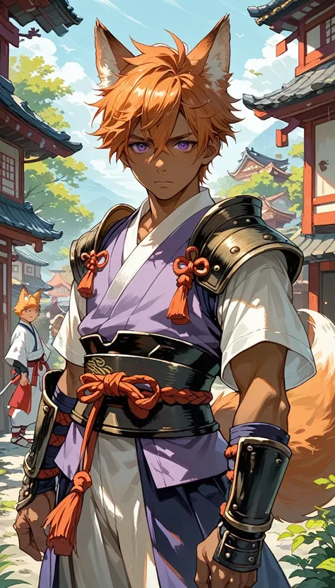 score_9, score_8_up, score_7_up, score_6_up, 1man, ((brown skin)), orange hair, pompadour, purple eyes, samurai armor, fox ears, kemono, small town