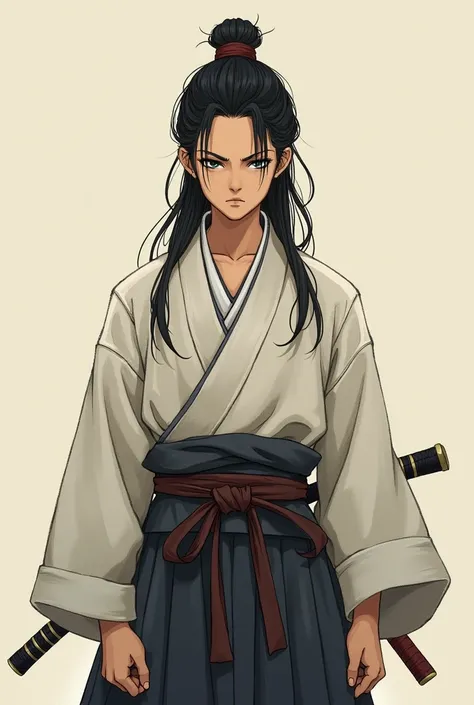 Boy with long hair,samurai style clothing,serious face, small eyes, calm posture 