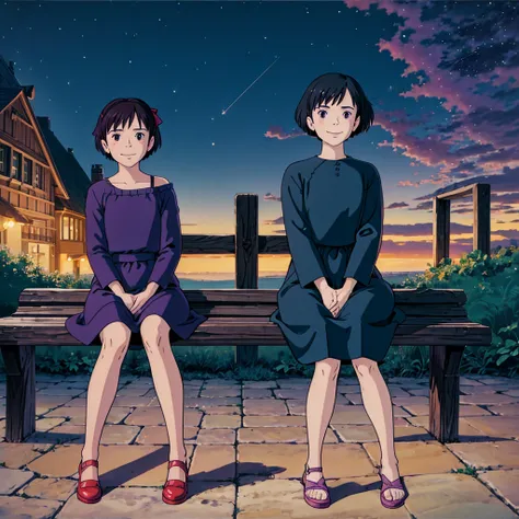 Two  women. Bench . (8k) .(Nightsky). Line-up . PURPLE DREES .   (starrysky)summer. Selfee. Black short Bobhair. Sitting. Smile. Head red ribbon