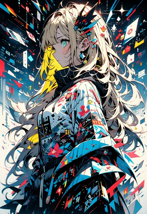 masterpiece, (beautifully、aesthetic:1.5), Surrealism, Very detailed, anime, A profile picture of a girl, Wearing a colorful hoodie, Blonde long hair, Green Eyes, Red and navy blue color palette, Hard Brush, gradient binary code effect, Minimalistic low-pol...