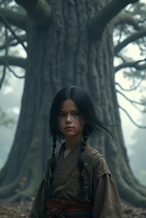 Boy with long hair,samurai style clothing,serious face, small eyes, calm posture, in the background a huge sereso,