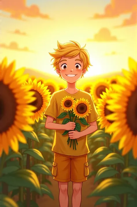 A 20 year old blond boy, smiling happy,with yellow clothes, standing in the middle of a field of sunflowers at sunset, while holding a bouquet of sunflowers in her hands, backwards, warm colors, watercolor type