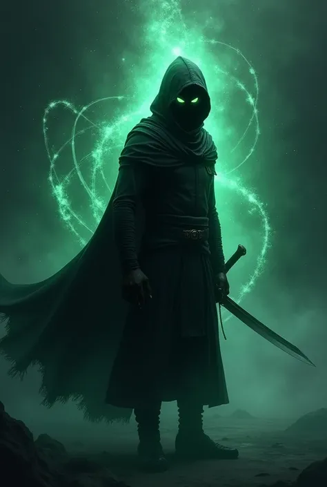 Create a dark wallpaper featuring a shadow ninja with celestial green eyes