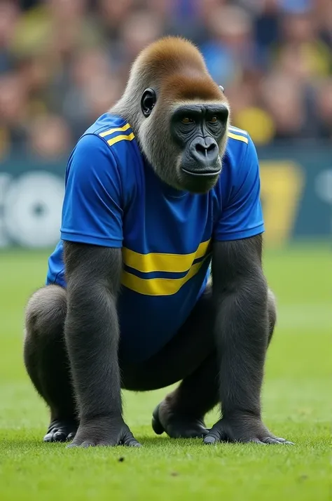 Gorilla on a soccer field with a blue shirt and a yellow horizontal stripe 