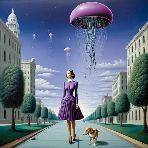 A surreal oil painting with a green sky and purple ground, featuring a jellyfish in a dress shimmering with stardust, a fish in a tailcoat, walking down a street where trees whisper secrets to each other, monuments sell flowers, and dogs walk upside down, ...