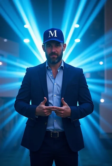 create a photo of a 30 year old white man with a short beard ,blue cap with the letter M ,in a suit ,blue rays coming out of the body ,making the letter M with his fingers, running for mayor of São Paulo