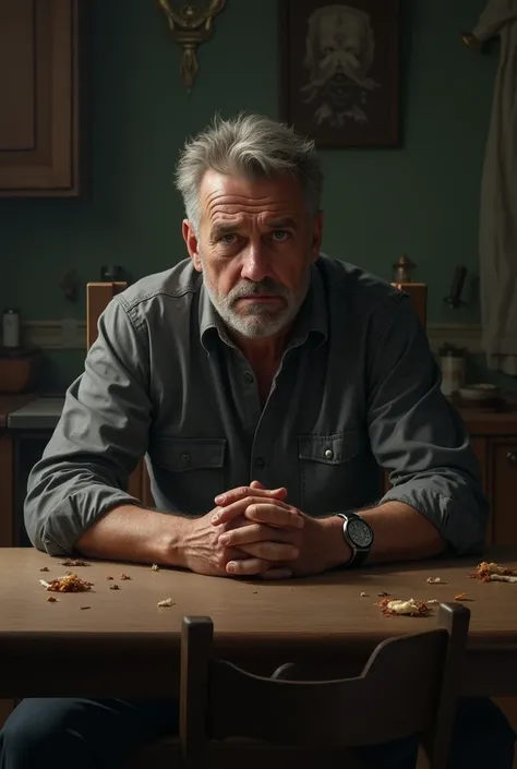 a man sitting on a chair at the dining table with a look of resignation. 