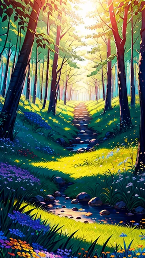 "A quiet forest clearing bathed in warm sunlight, with vibrant green grass and a few scattered wildflowers. The vivid colors and calm atmosphere create a feeling of tranquility." 